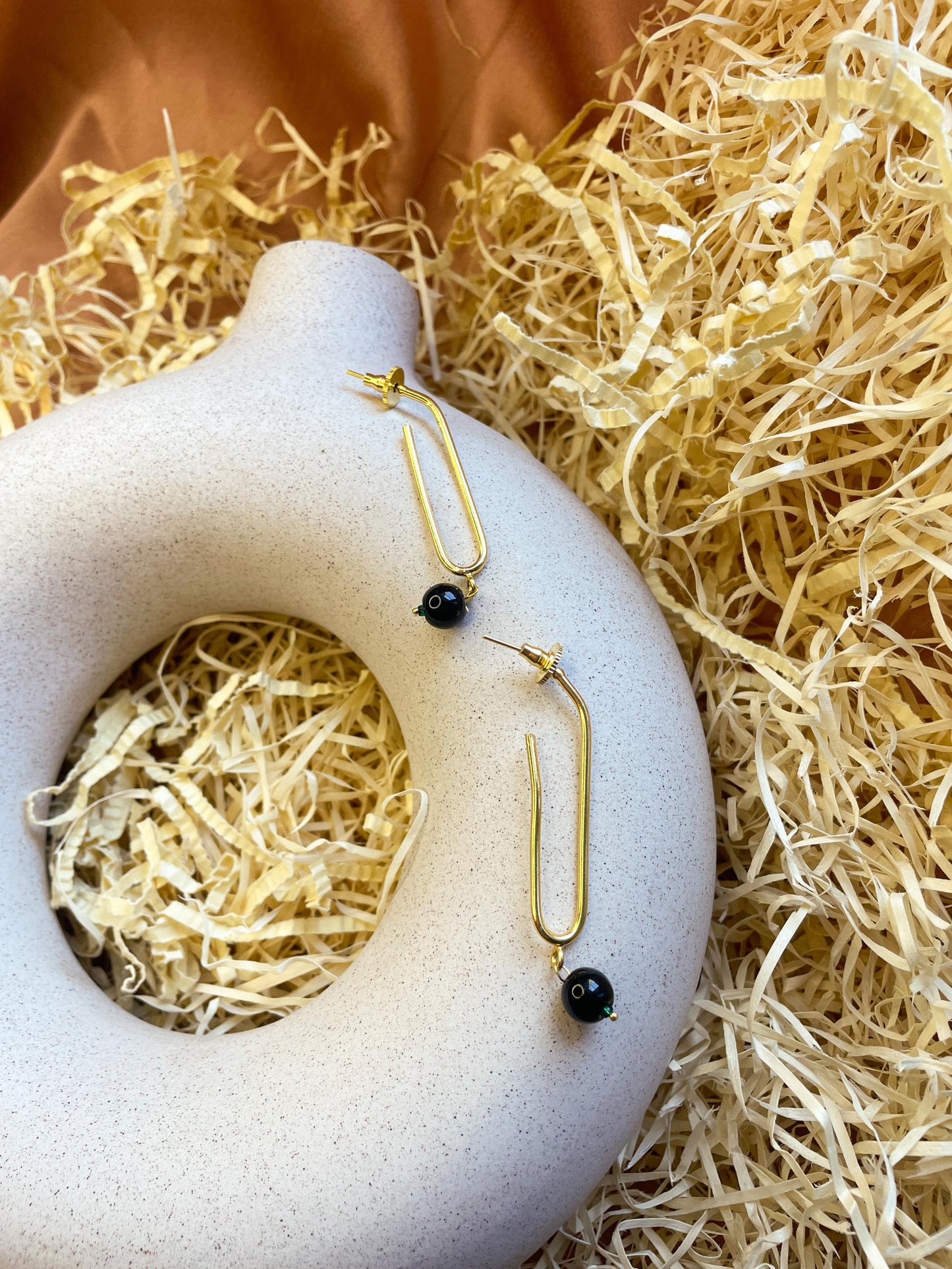 Geometric Black Pearl Dangler  Matte Gold Brass Earrings