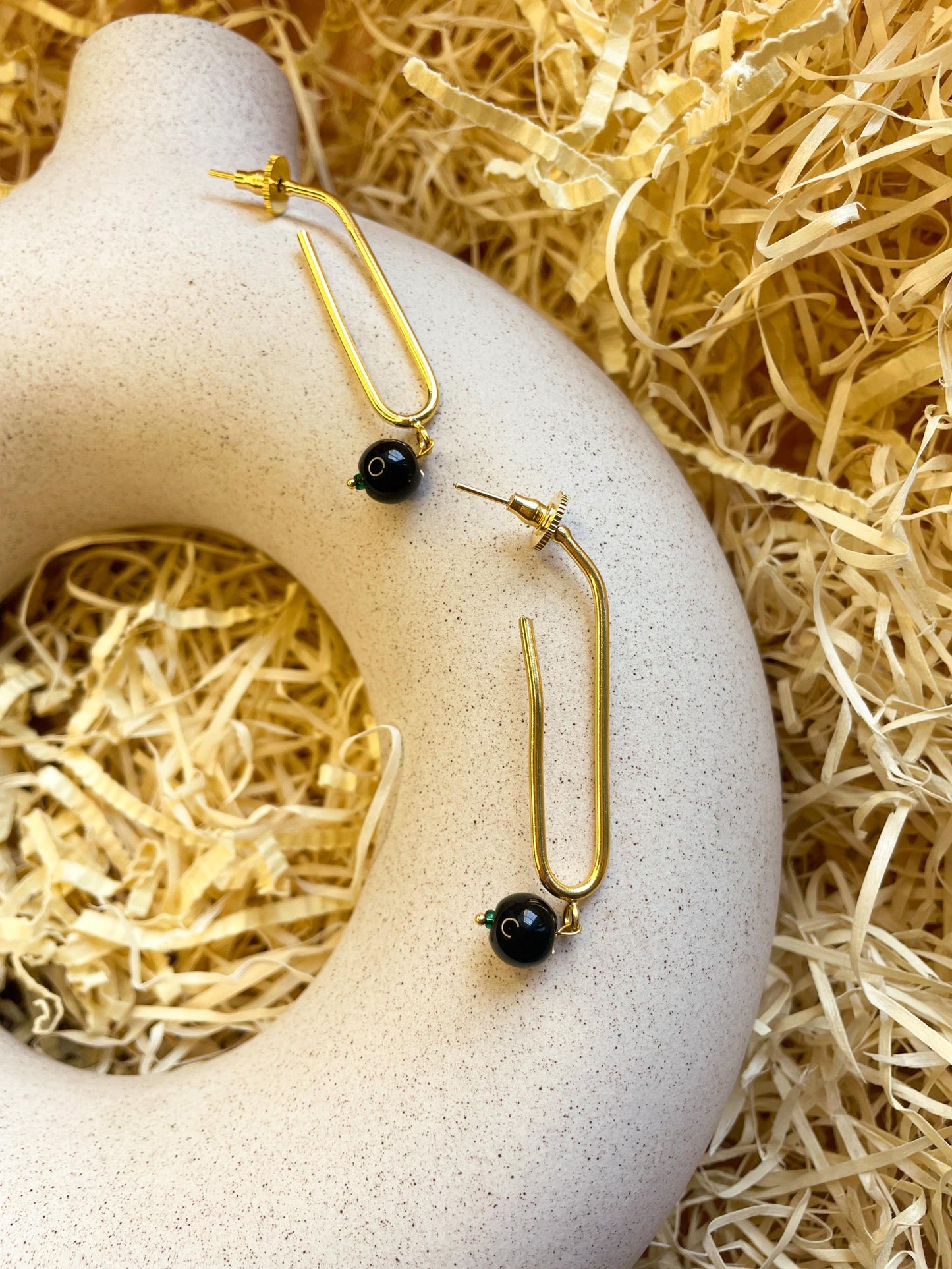 Geometric Black Pearl Dangler  Matte Gold Brass Earrings