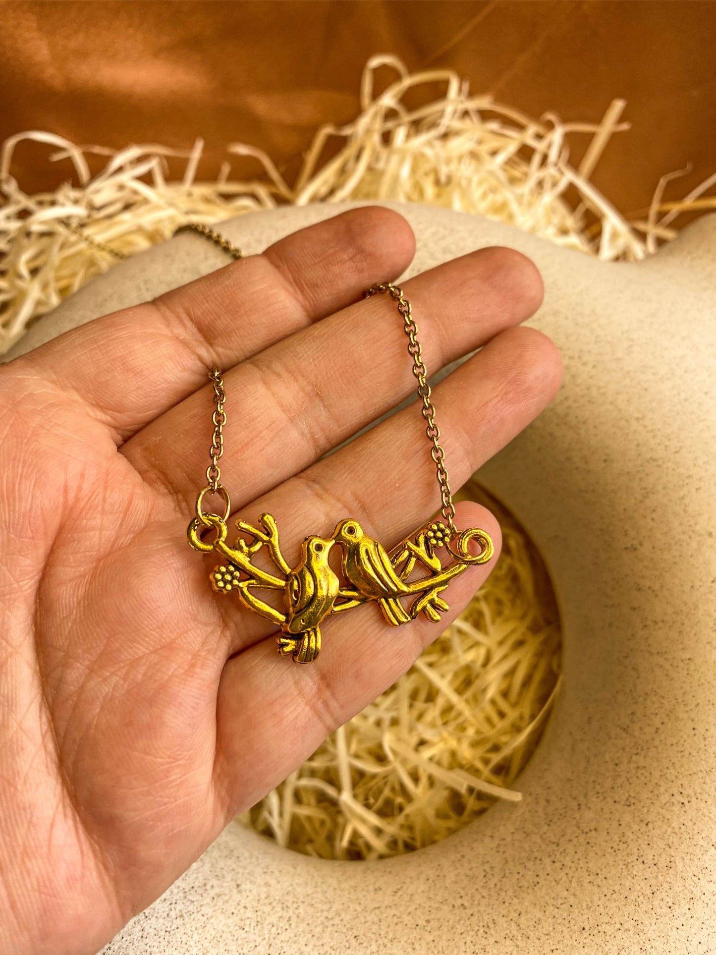 Love Birds On A Cherry Tree Golden Necklace