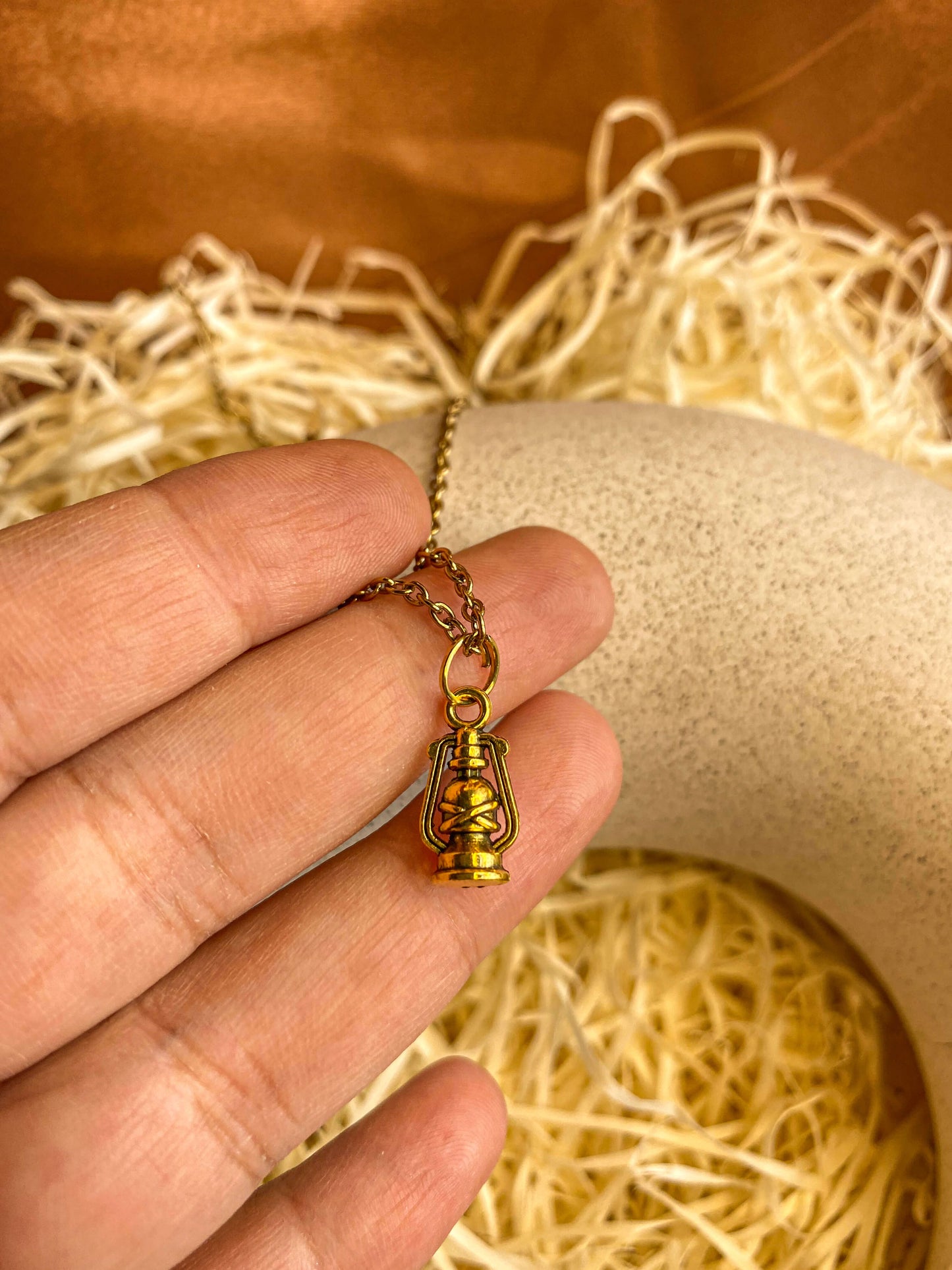 Gold Dainty Lantern / Lamp Charm Necklace