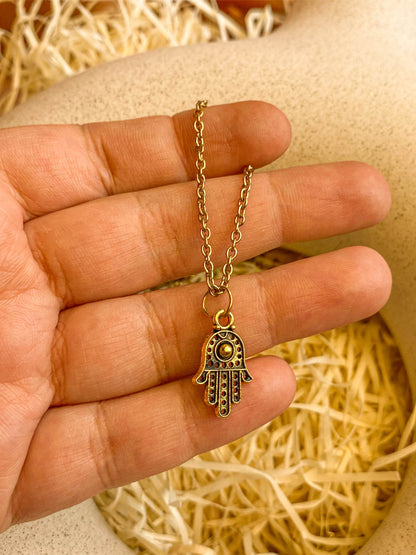 Dainty Hamsa Hand Golden Oxidized Necklace