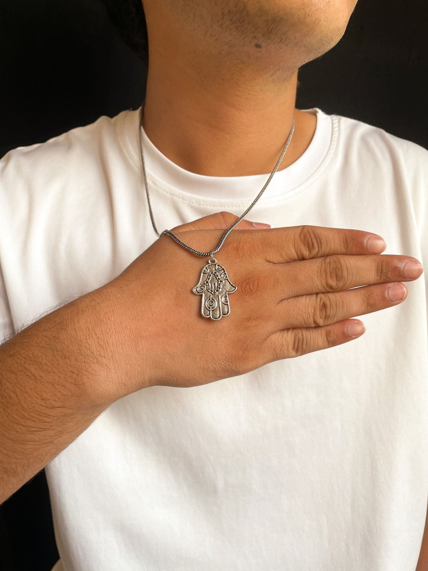 Fatima Hamsa Hand Pendant With German Silver Chain