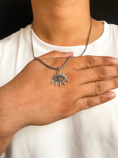 Spikey Evil Eye Pendant With German Silver Chain