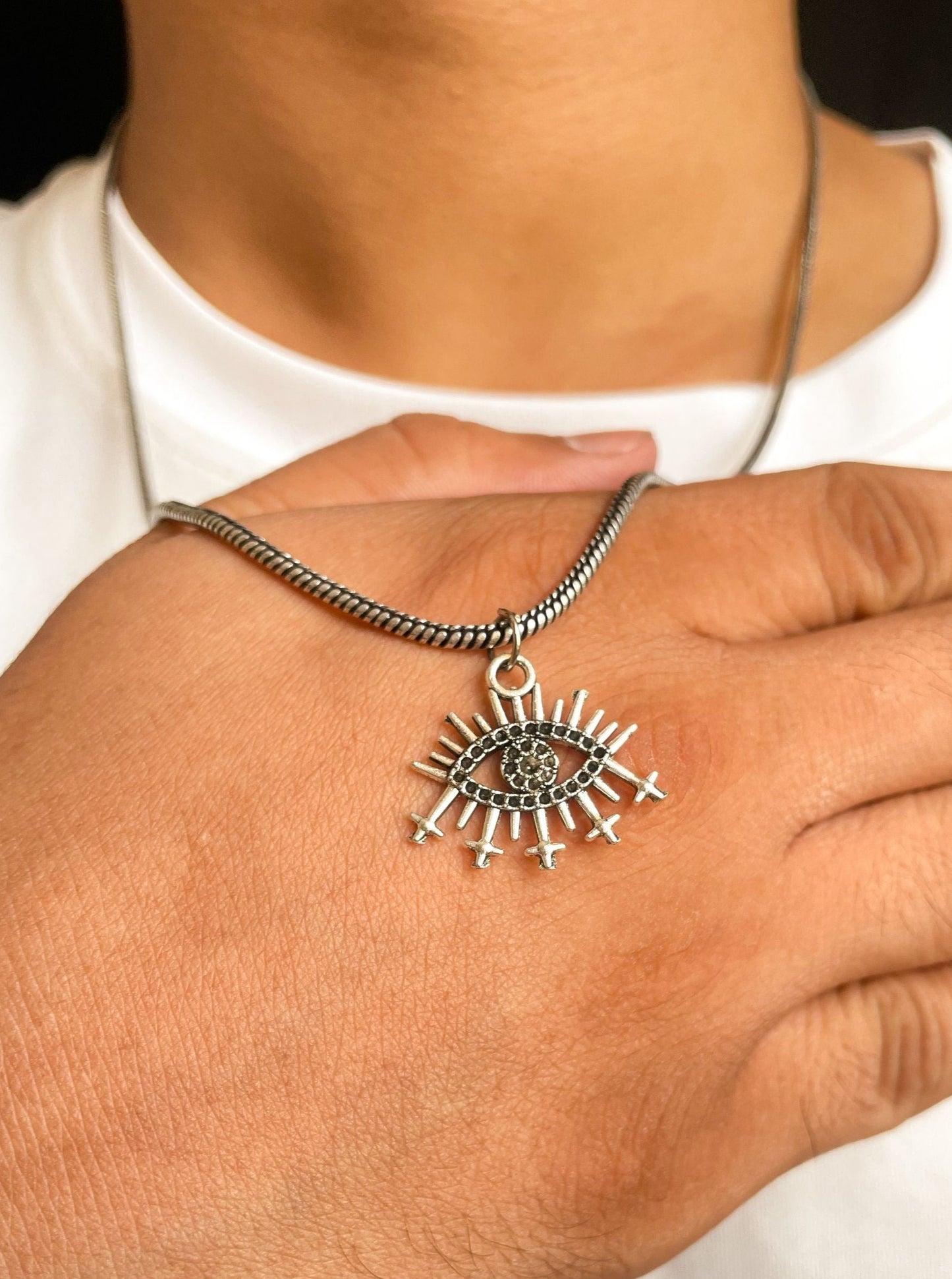 Spikey Evil Eye Pendant With German Silver Chain