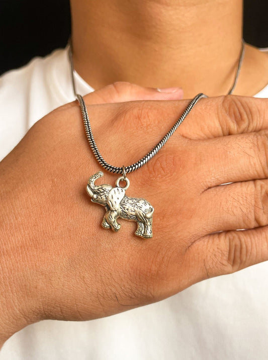 Roaring Elephant Pendant With German Silver Chain