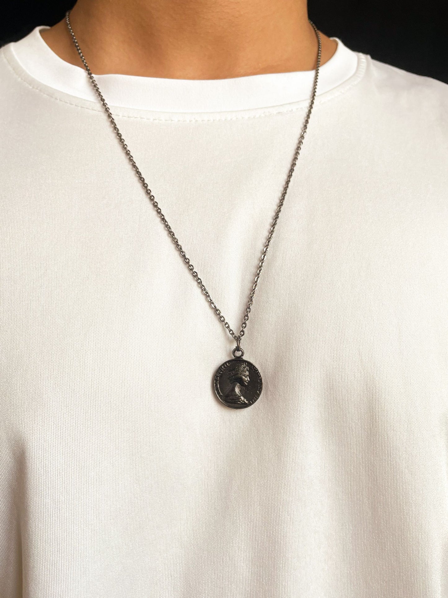 20 MM Big Elizabeth Coin Matte Black Pendant With Chain