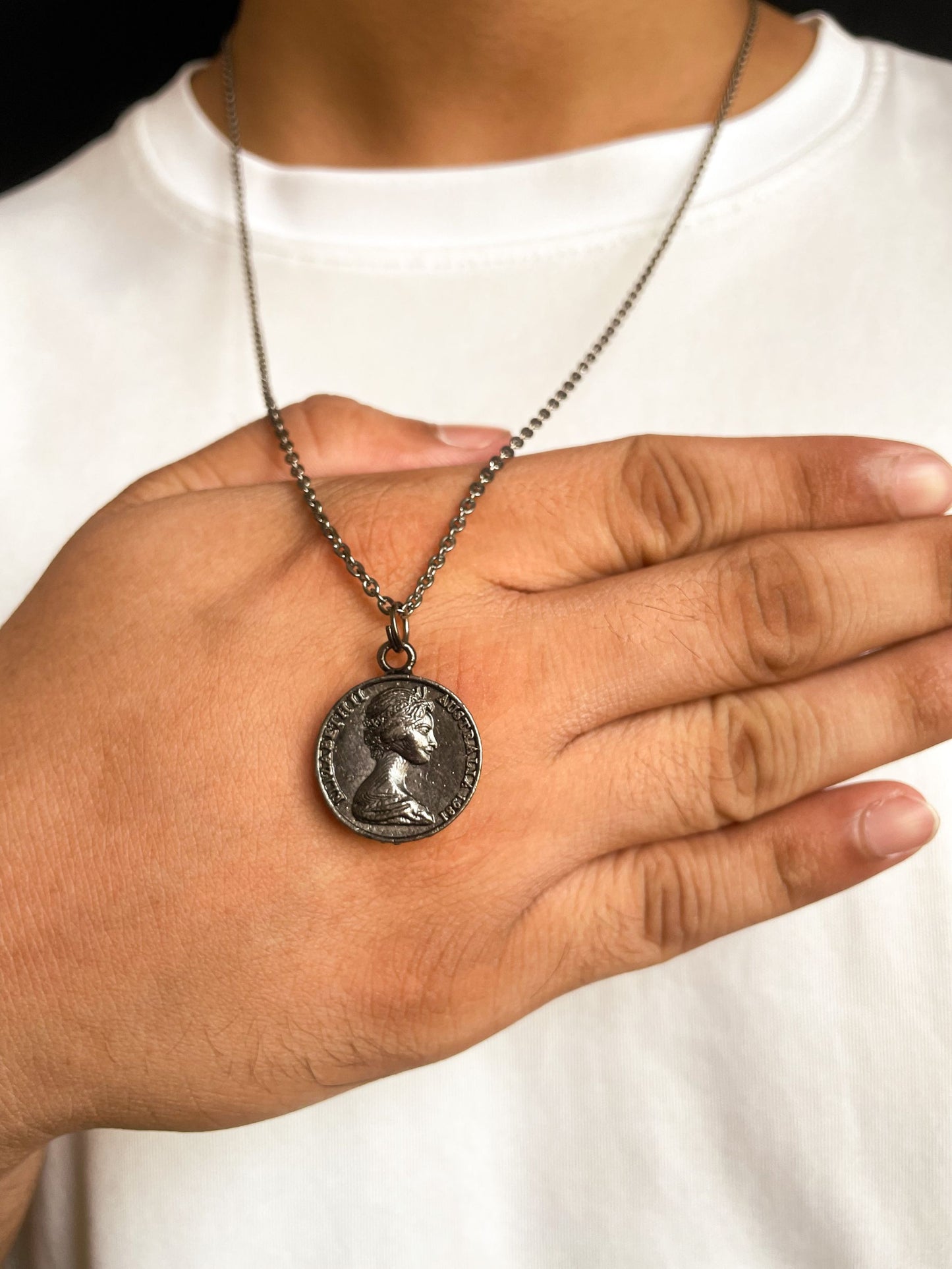 20 MM Big Elizabeth Coin Matte Black Pendant With Chain