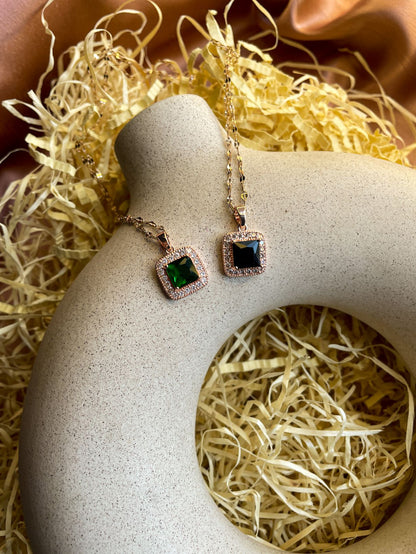 Victorian Emerald Square Gemstone Waterproof Necklace: Black