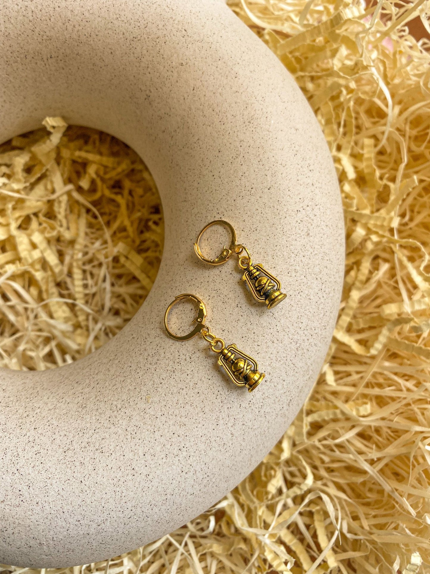 Dainty Lantern Charm Antique Golden Hoop Earrings
