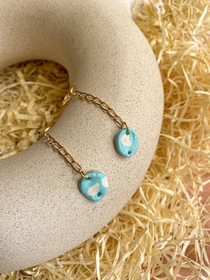 Handmade Blue Cow Print Clay Handmade Golden Chain Dangler Earrings