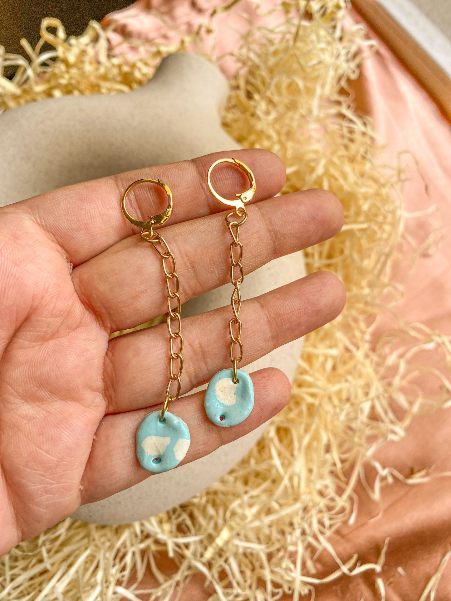 Handmade Blue Cow Print Clay Handmade Golden Chain Dangler Earrings