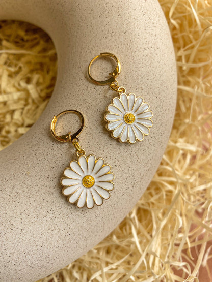 White Daisy Enamel Charm Golden Hoop Earrings