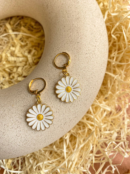 White Daisy Enamel Charm Golden Hoop Earrings
