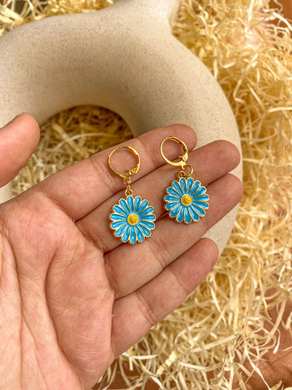 Blue Enamel Daisy Charm Golden Hoop Earrings