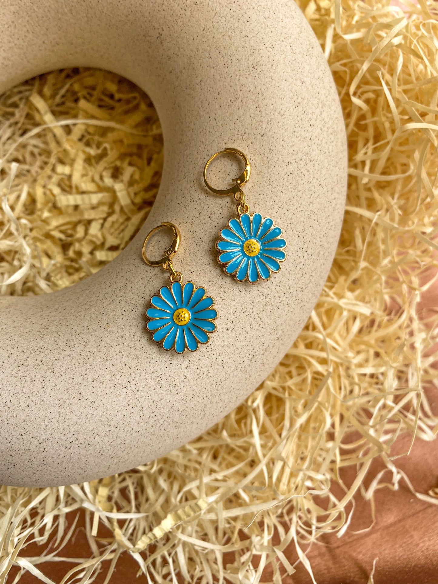 Blue Enamel Daisy Charm Golden Hoop Earrings