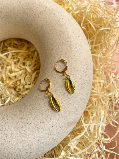 Coffee Bean Charm Antique Gold Hoop Earrings