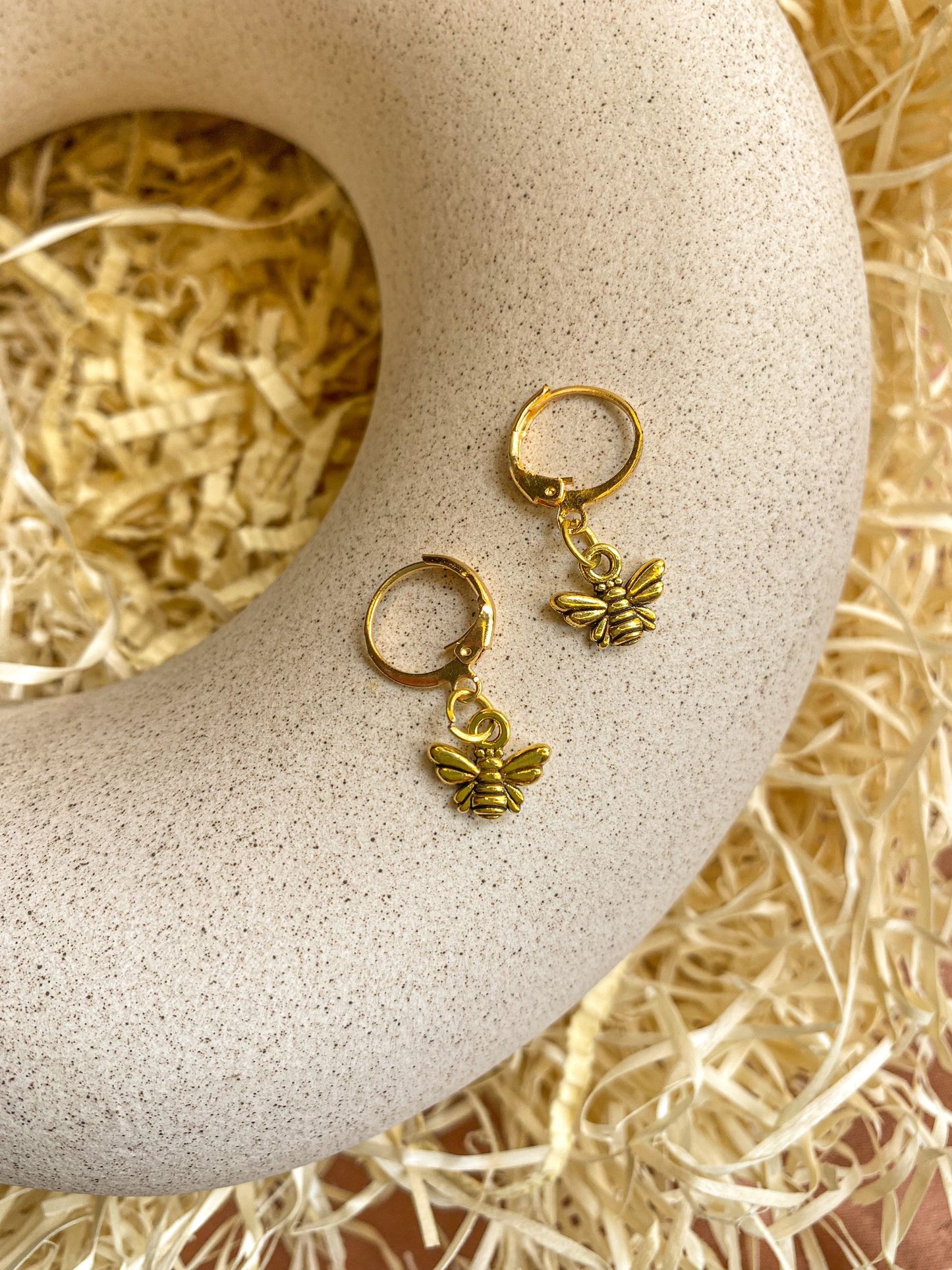 Dainty Bee Charm Antique Golden Hoop Earrings