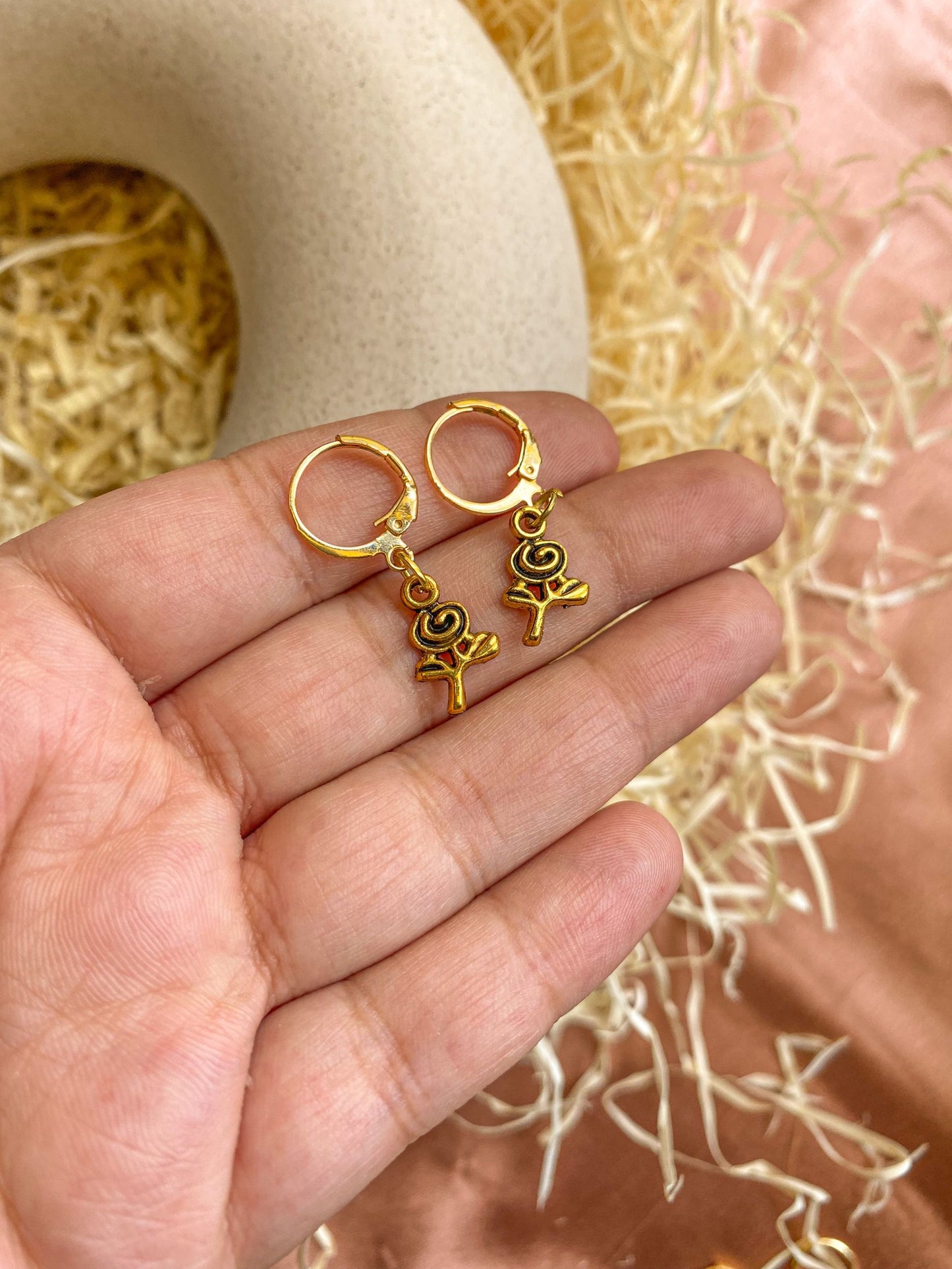 Dainty Rose Charm Antique Golden Hoop Earrings