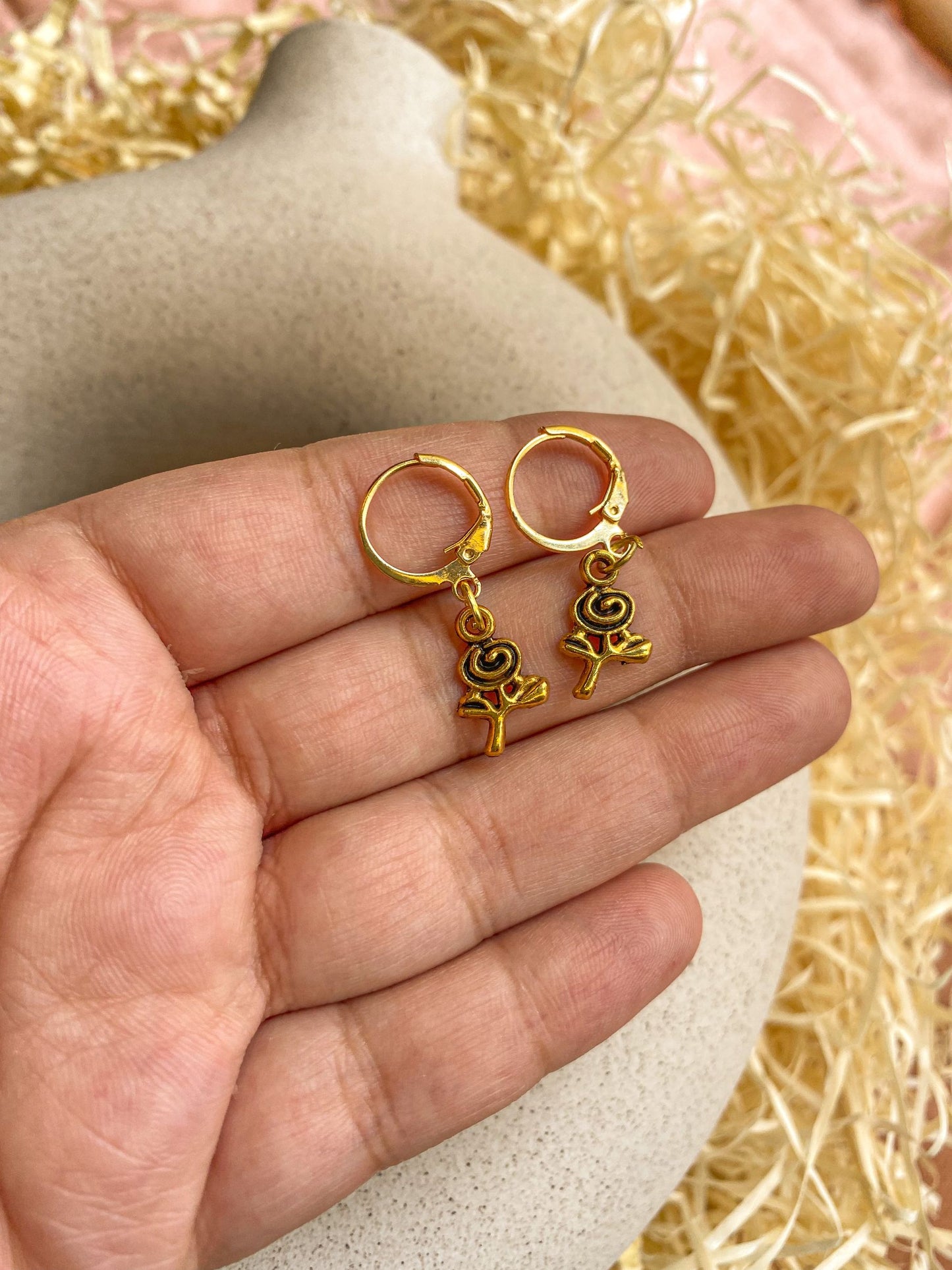 Dainty Rose Charm Antique Golden Hoop Earrings