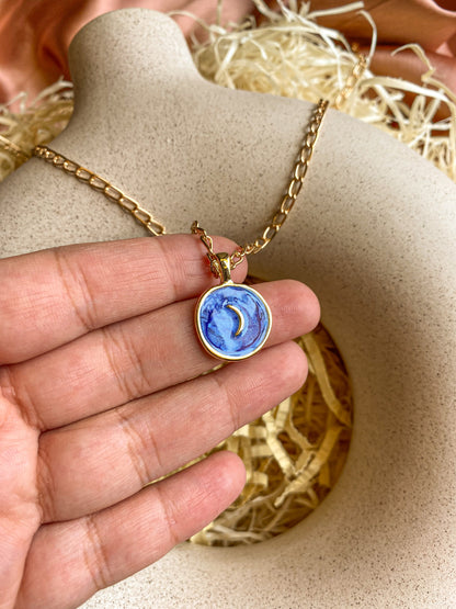 Blue Moon Enamel Coin Waterproof Necklace