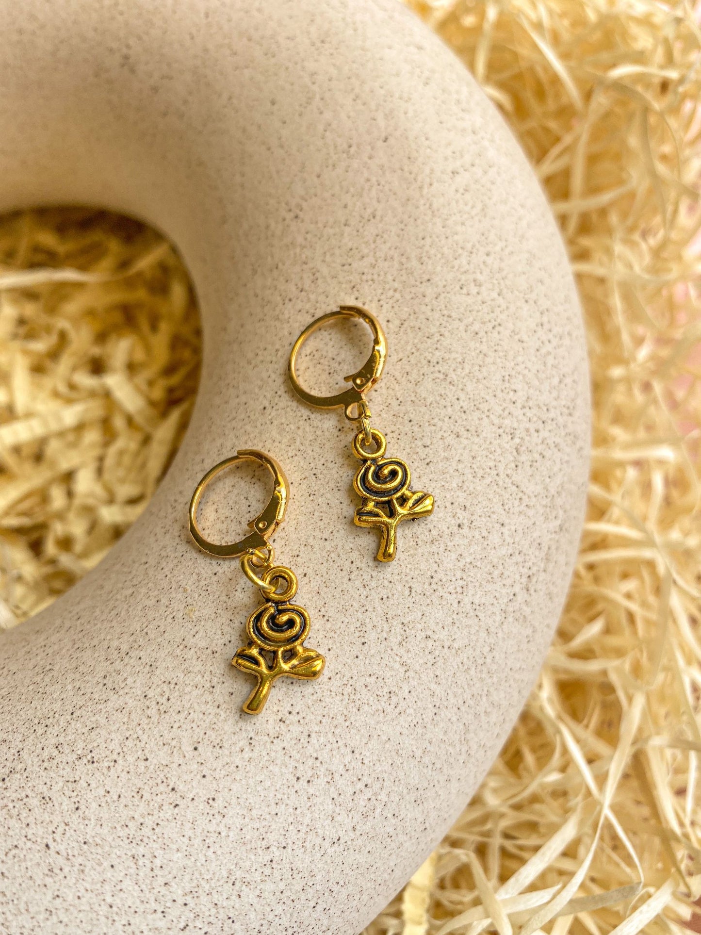 Dainty Rose Charm Antique Golden Hoop Earrings