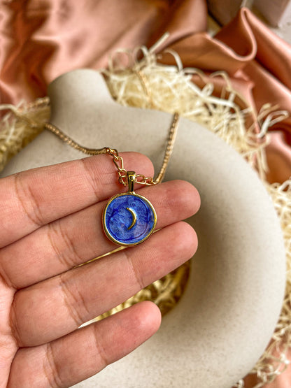 Blue Moon Enamel Coin Waterproof Necklace