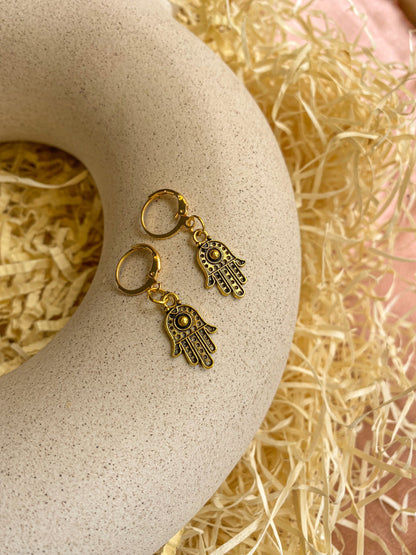 Hamsa Hand Charm Antique Golden Hoop Earrings