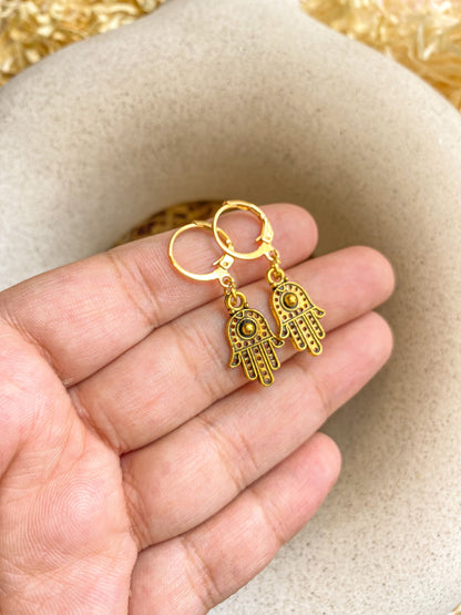 Hamsa Hand Charm Antique Golden Hoop Earrings