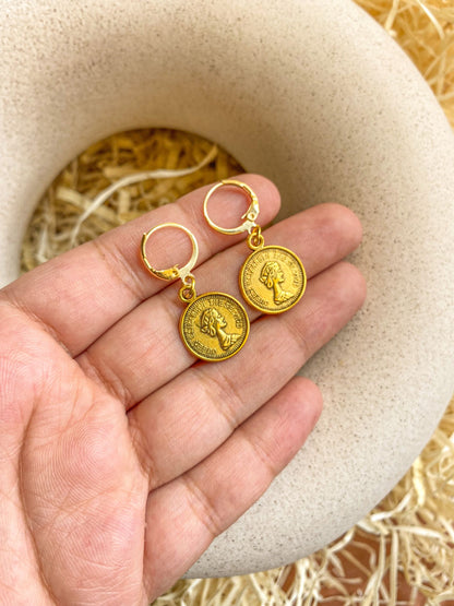 Elizabeth Coin Charm Antique Golden Hoop Earrings