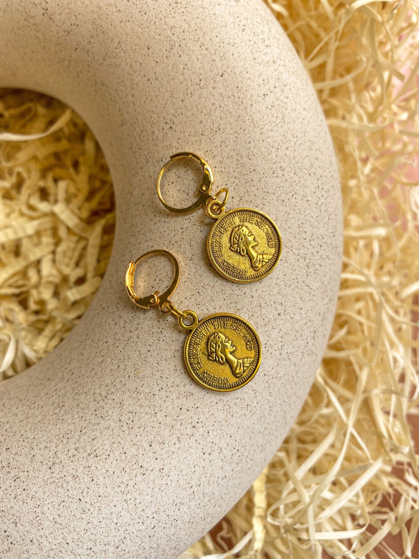 Elizabeth Coin Charm Antique Golden Hoop Earrings