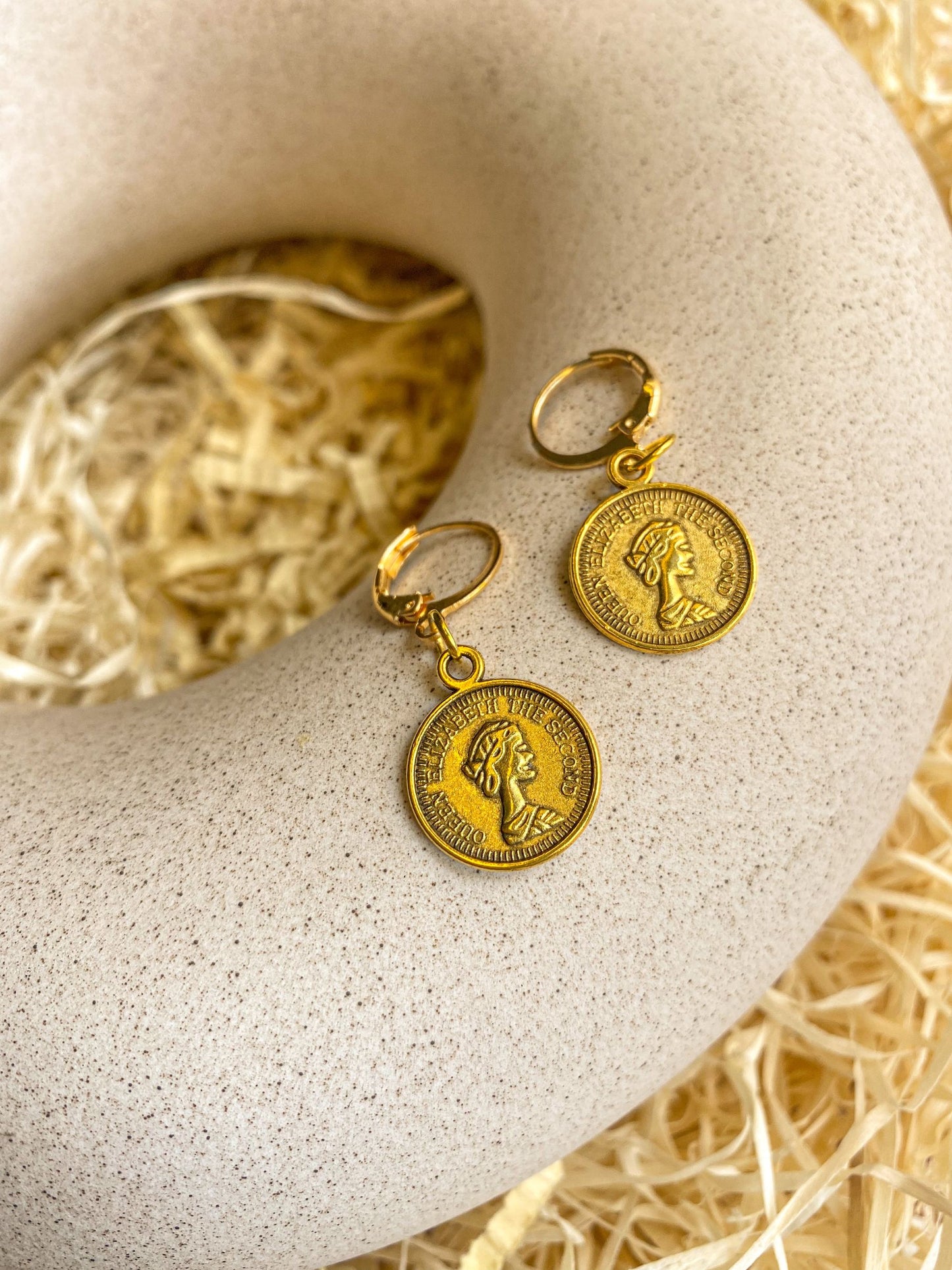 Elizabeth Coin Charm Antique Golden Hoop Earrings