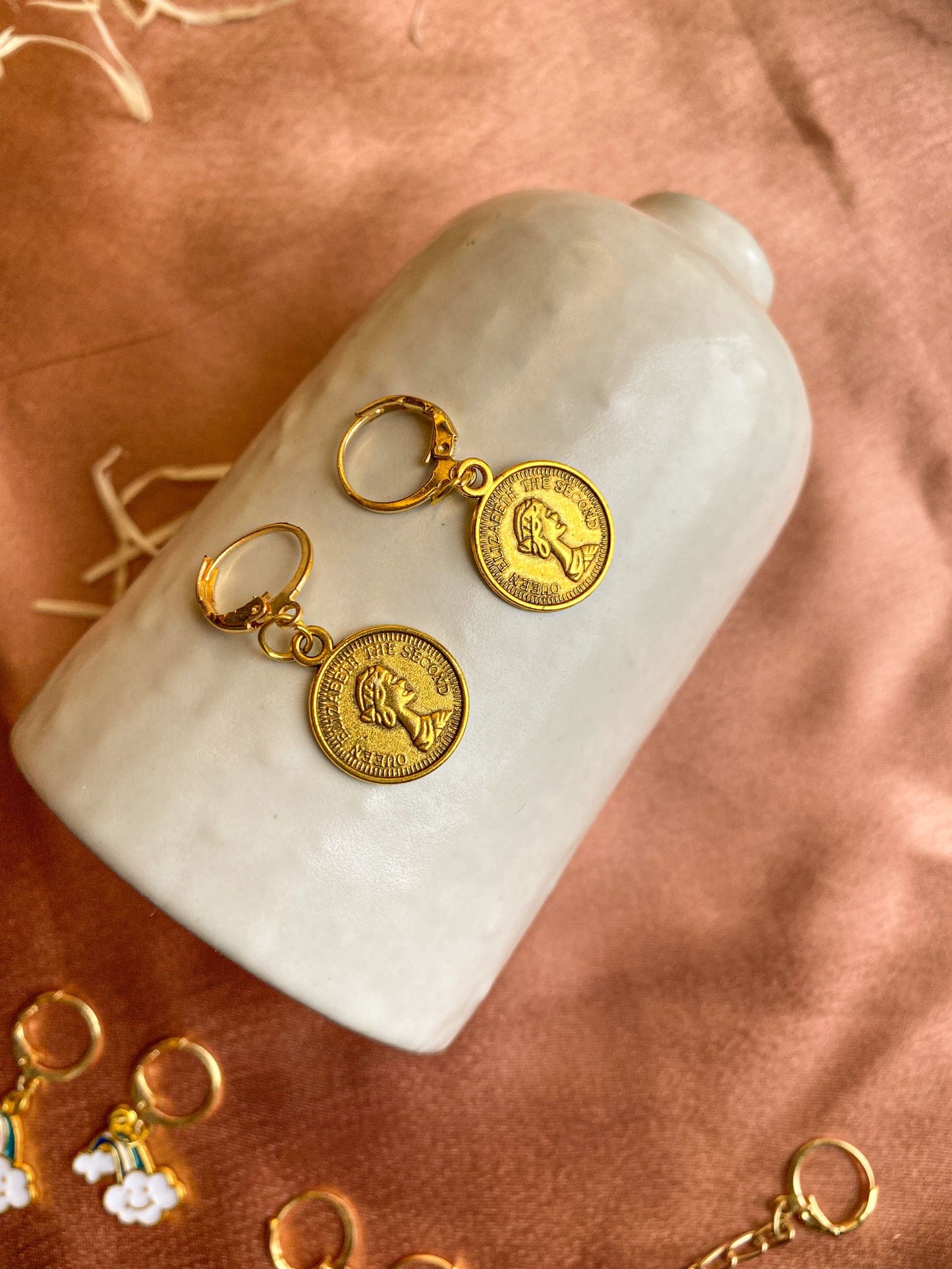 Elizabeth Coin Charm Antique Golden Hoop Earrings