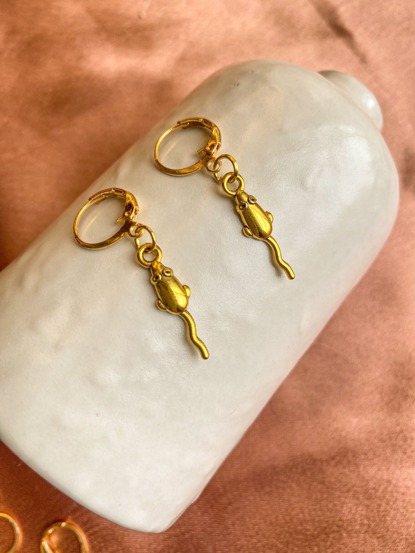 Antique Gold Mouse Hoop Earrings