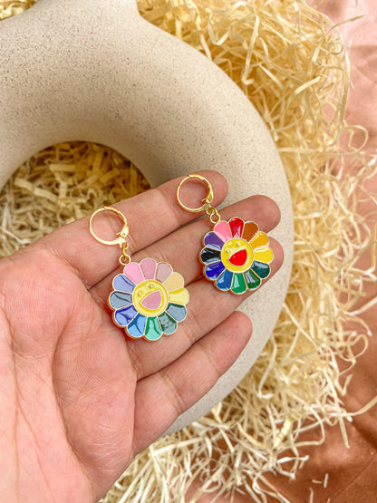 Glossy Enamel Rainbow Happy Flower Hoop Earrings