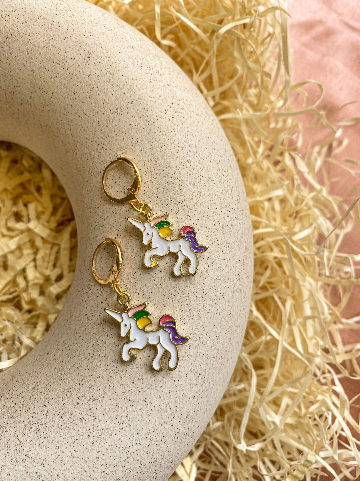 Enamel Unicorn Charm Glossy Golden Hoop Earrings