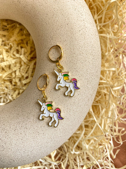 Enamel Unicorn Charm Glossy Golden Hoop Earrings