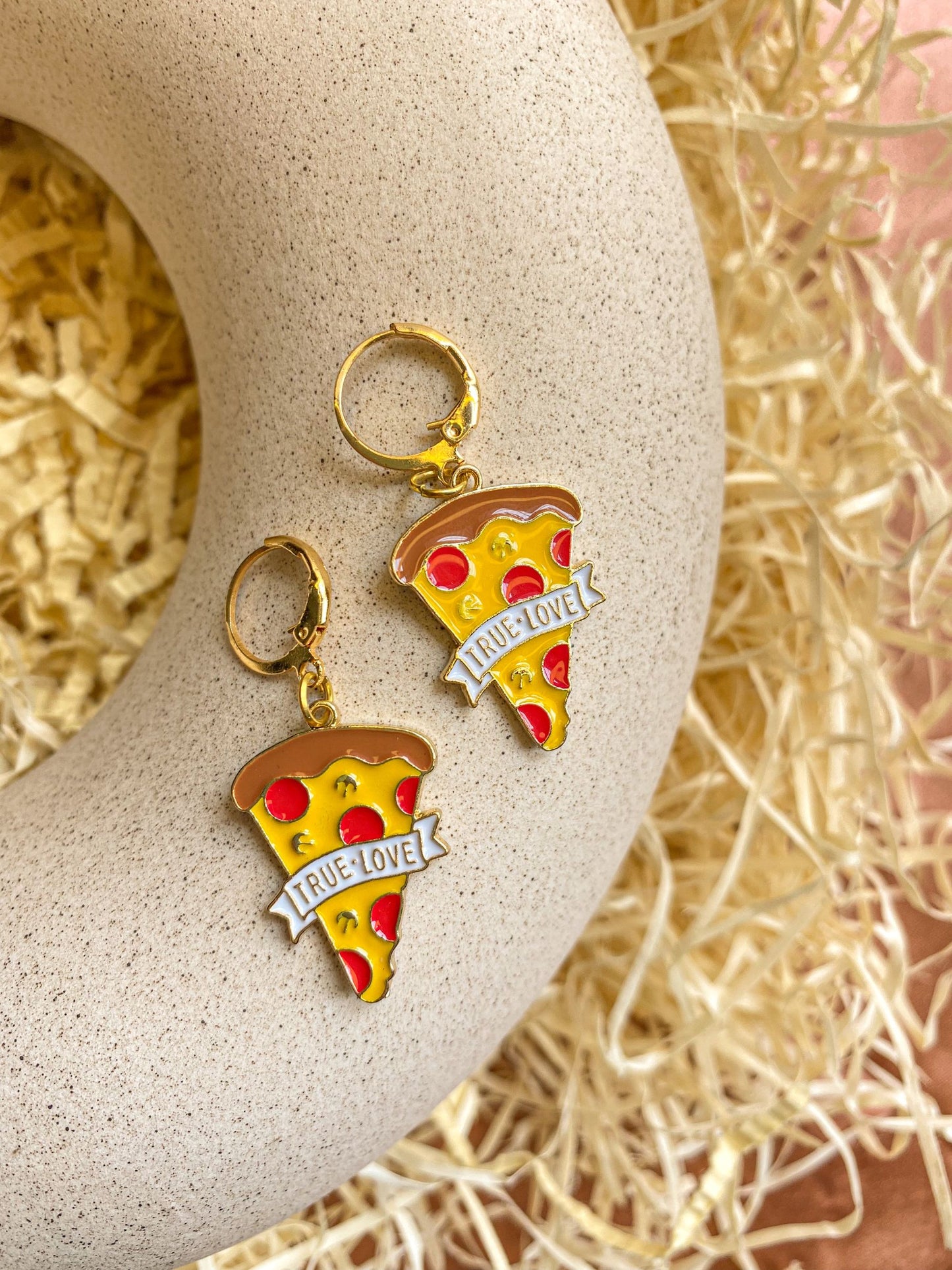 Glossy Enamel Pizza Is Love Charm Golden Hoop Earrings