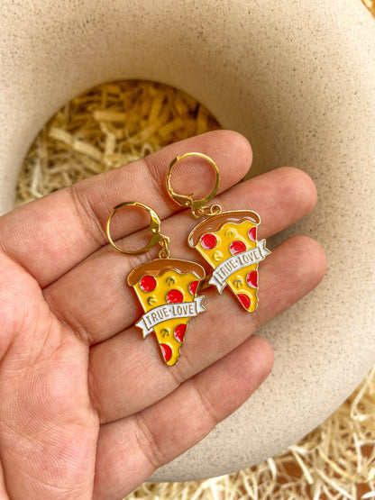 Glossy Enamel Pizza Is Love Charm Golden Hoop Earrings