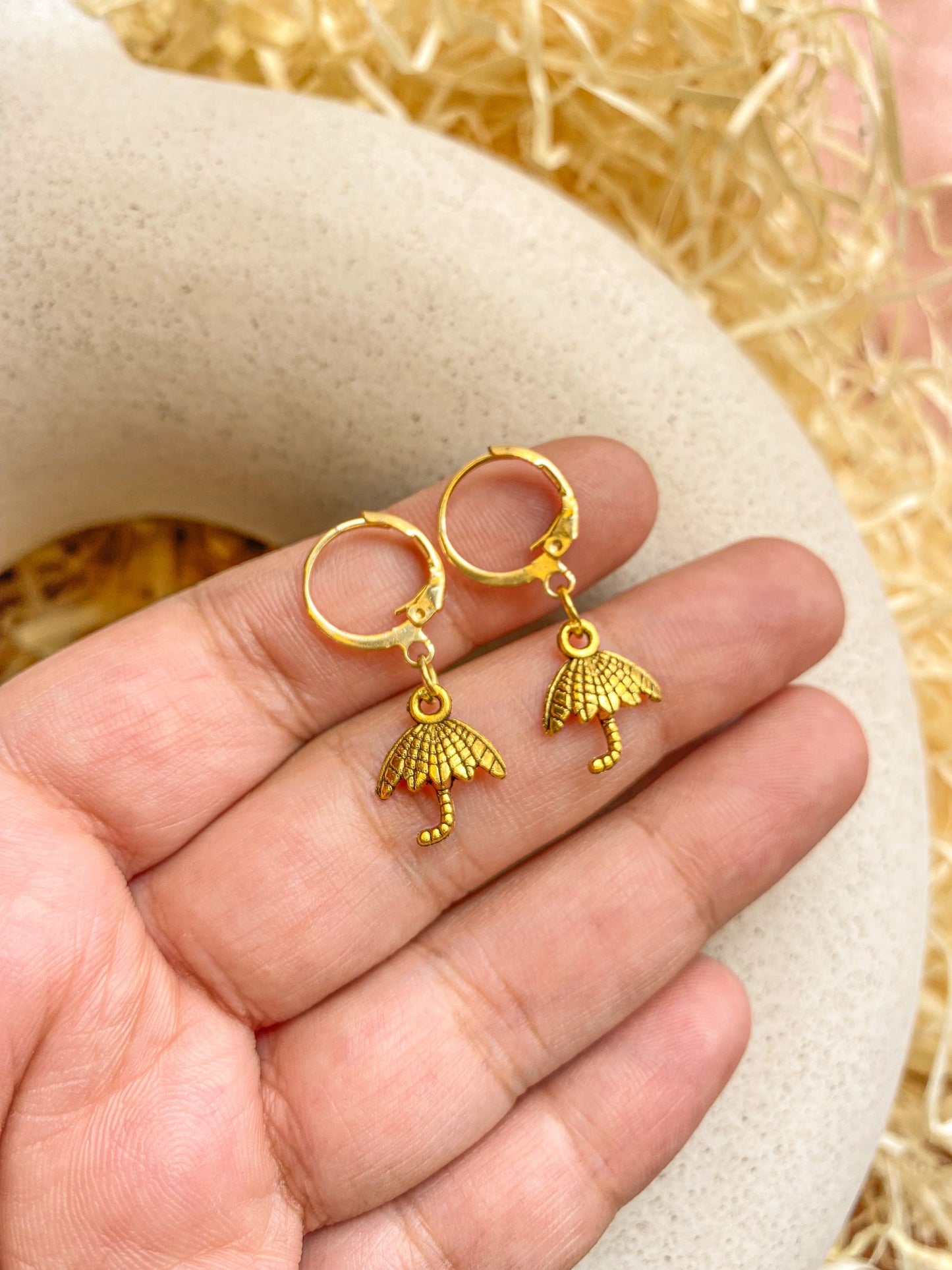 Mini Umbrella Charm Antique Golden Hoop Earrings