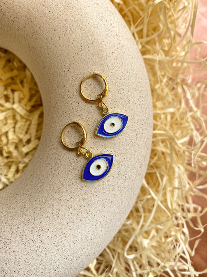 Blue Enamel Evil Eye Golden Hoop Earrings