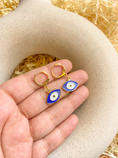 Blue Enamel Evil Eye Golden Hoop Earrings