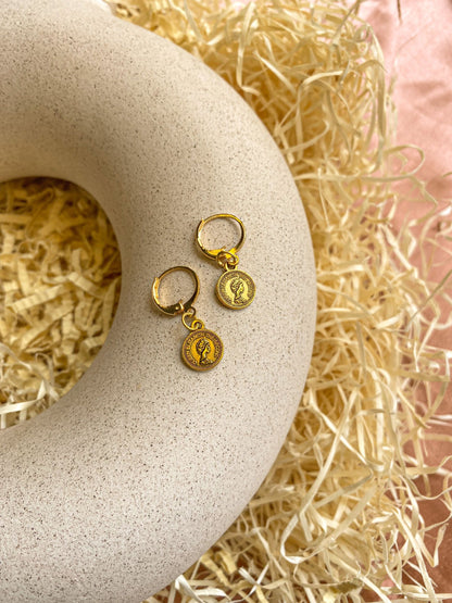 Mini Elizabeth Coin Charm Antique Golden Hoop Earrings