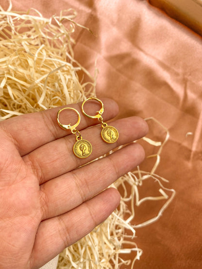 Mini Elizabeth Coin Charm Antique Golden Hoop Earrings
