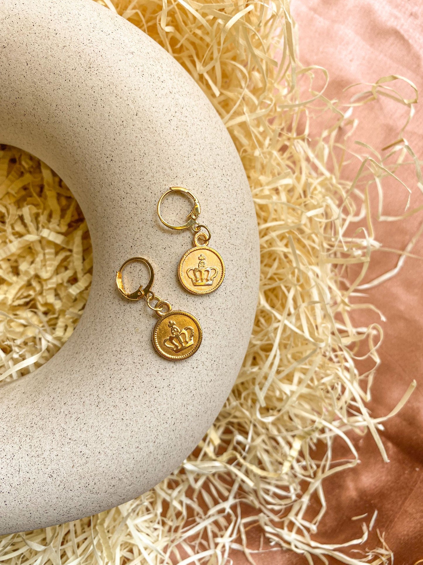 Crown Coin Charm Light Golden Hoop Earrings