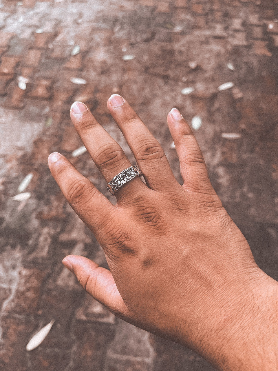 Bricked Silver Oxidized Ring For Men | Waterproof | Stainless Steel | Adjustable