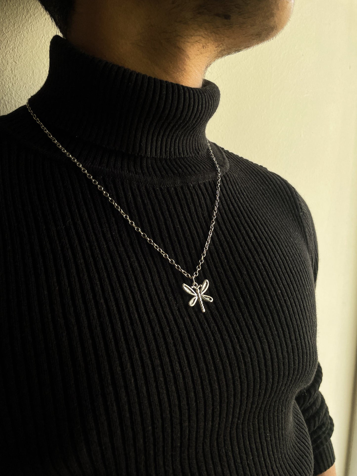 Thin Dragonfly Silver Pendant With Chain