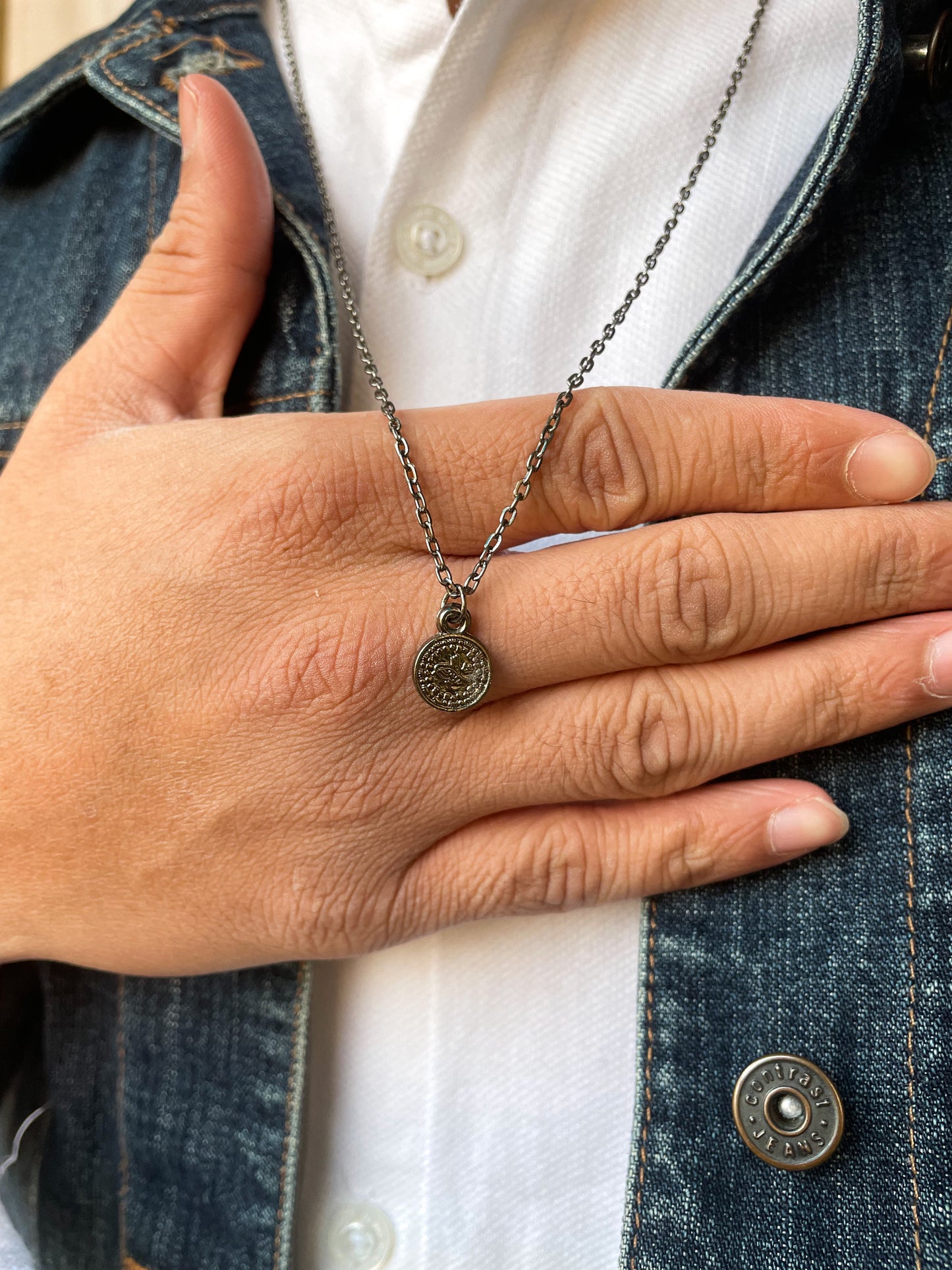 Small Gunmetal Black Dotted Coin Pendant With Chain: BLACK