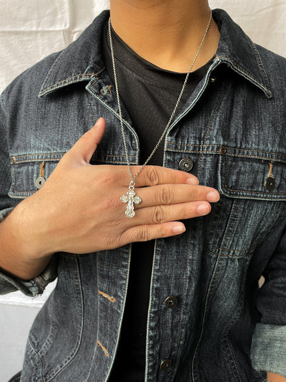 Silver Double Sided Thick Cross Pendant With Chain