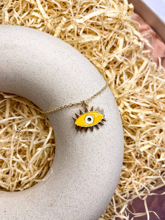 Yellow Spikey Evil Eye Enamel Golden Necklace & Earrings