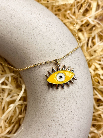 Yellow Spikey Evil Eye Enamel Golden Necklace & Earrings